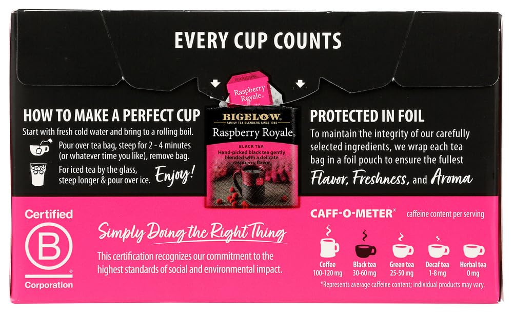 Bigelow Tea brewed cup with raspberry tea highlighting bright color and aroma