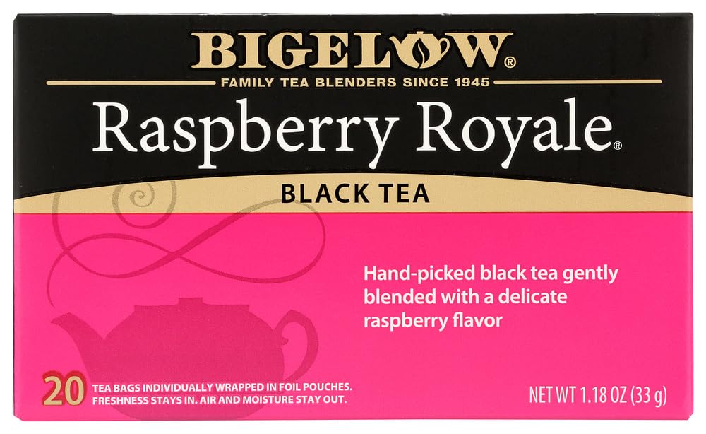 Bigelow Tea front packaging showing 2-pack and raspberry flavor freshness