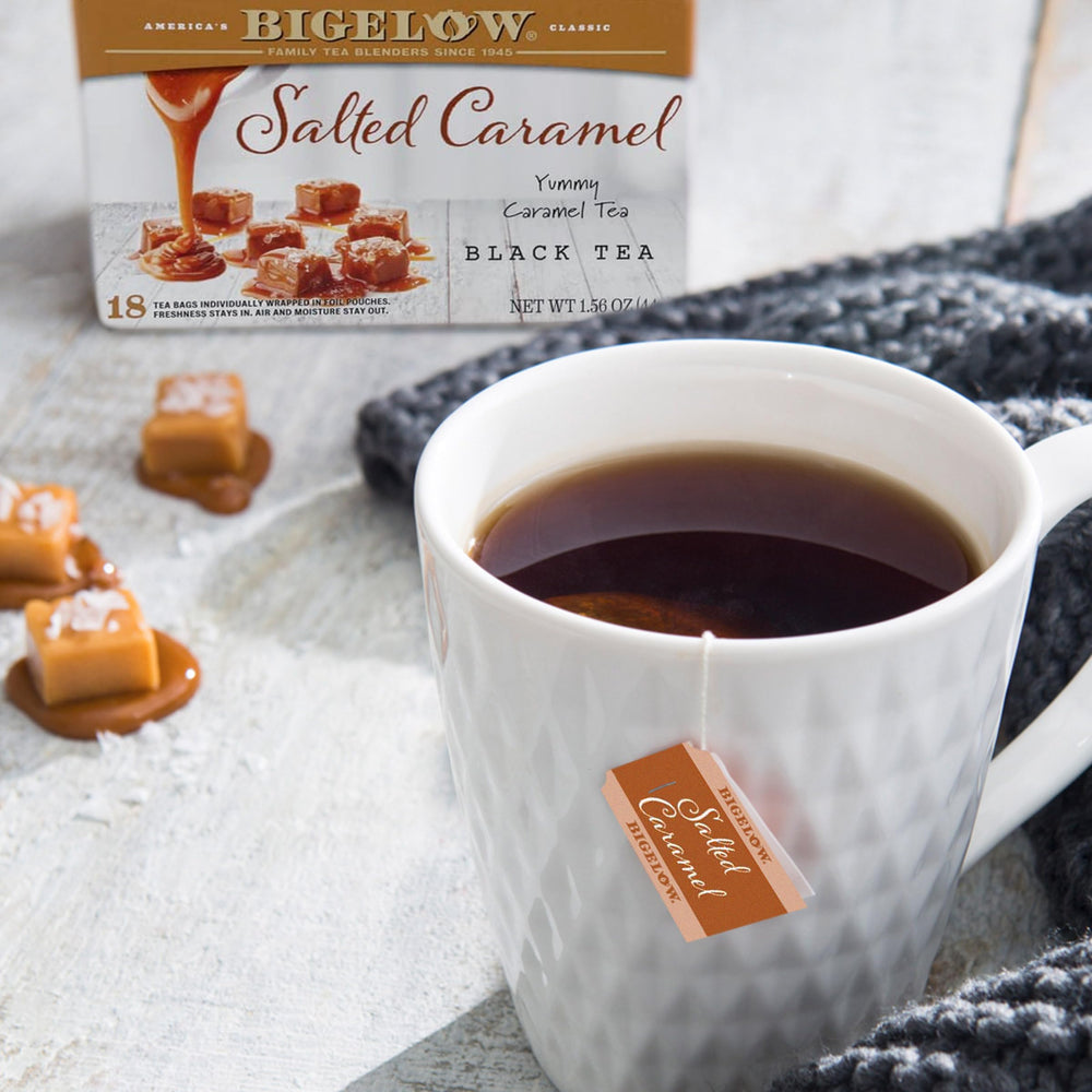 Bigelow salted caramel foil-wrapped teabag, preserving flavor and freshness