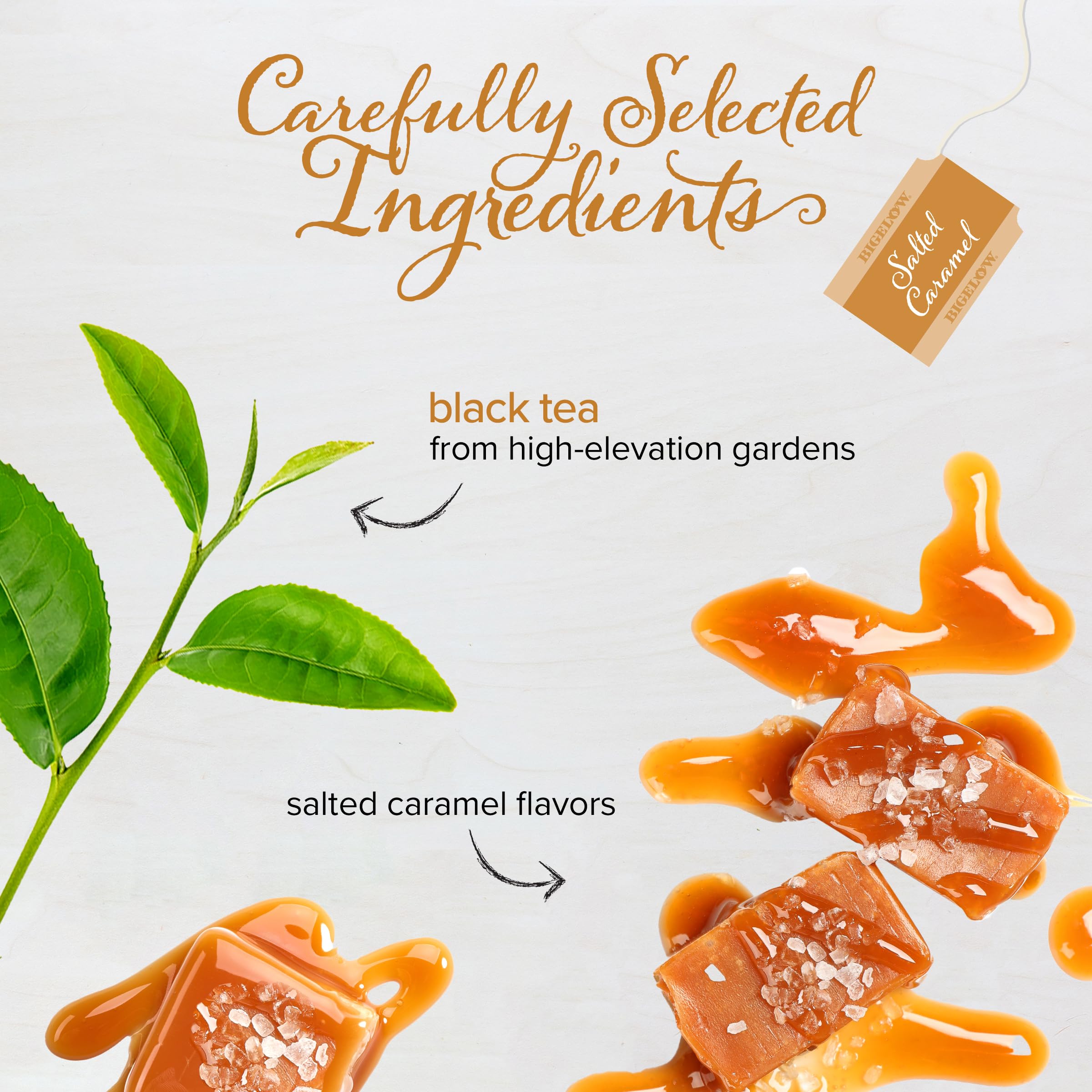 Bigelow salted caramel teabag close-up, highlighting the bag texture and tag for easy brewing