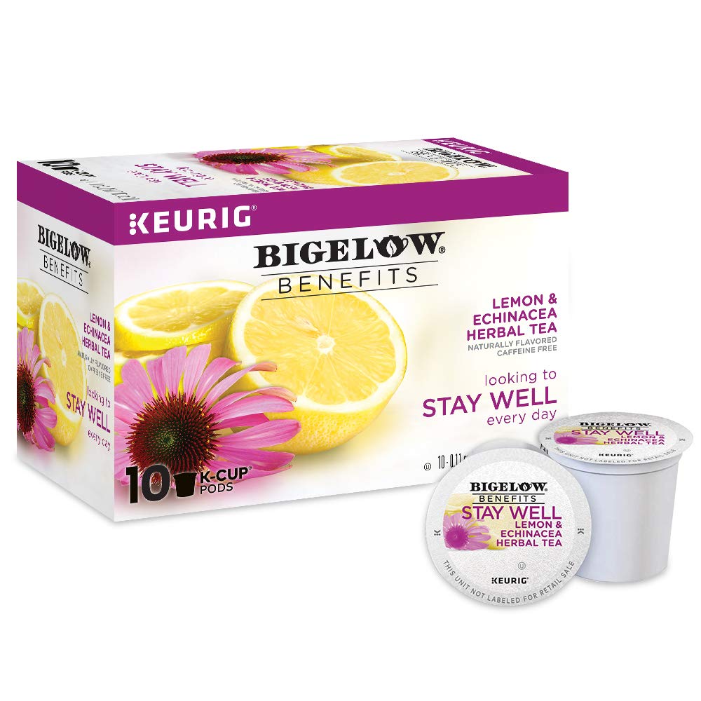 Bigelow Stay Well front box showing 10 K-Cup pods and branding, convenient freshness