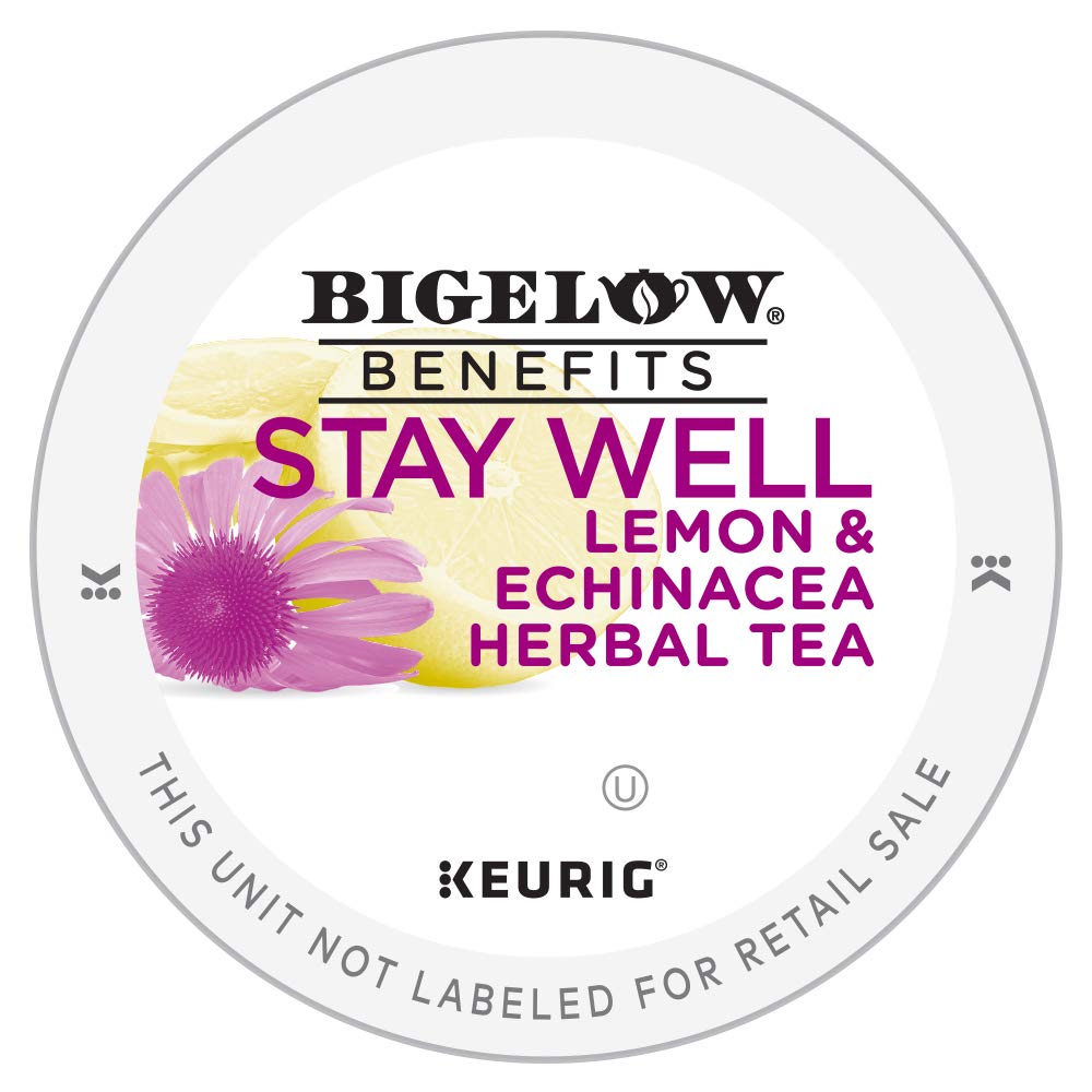 Single Bigelow Stay Well K-Cup pod next to foil seal, easy Keurig brewing