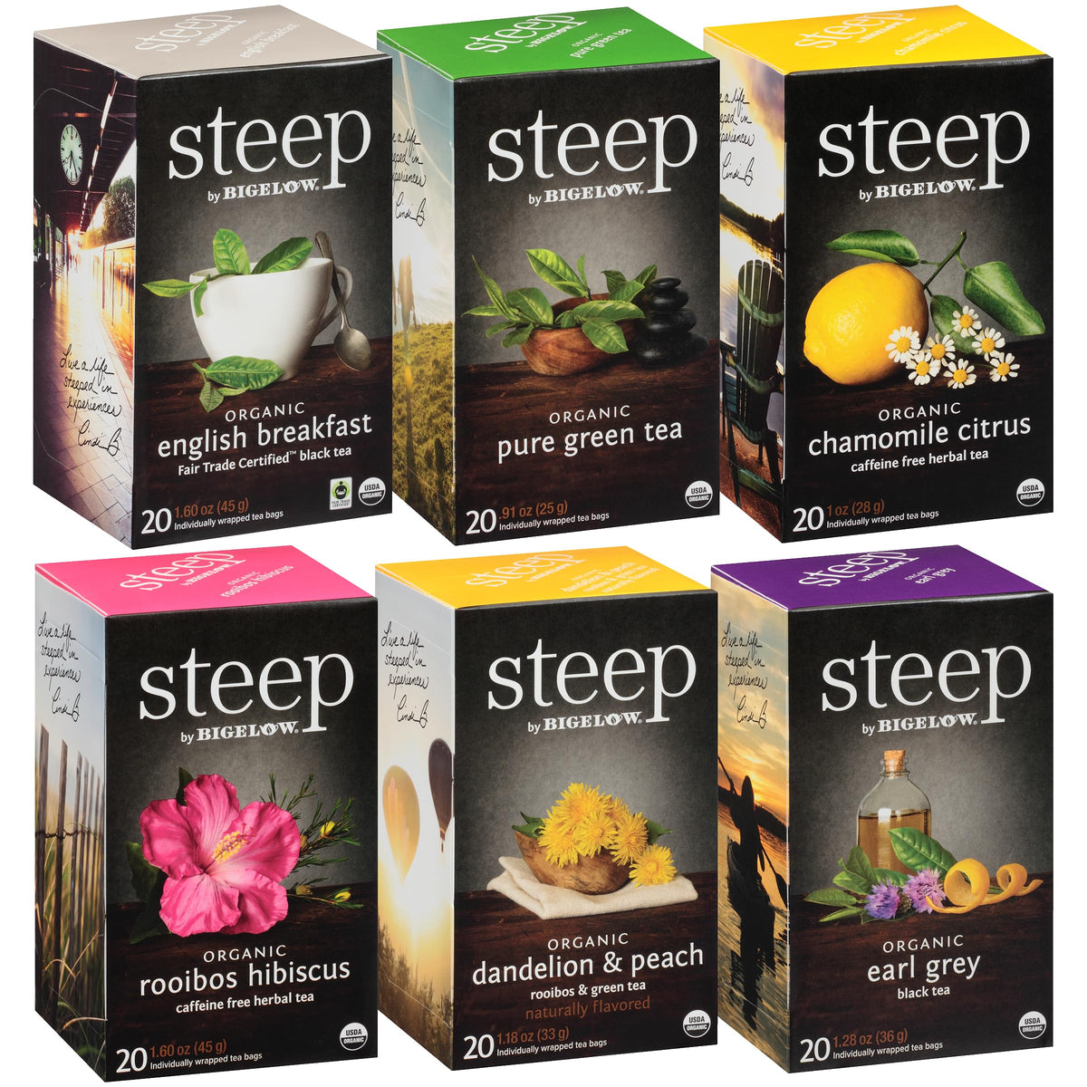 Bigelow Steep front packaging showing variety pack and convenient assortment benefit