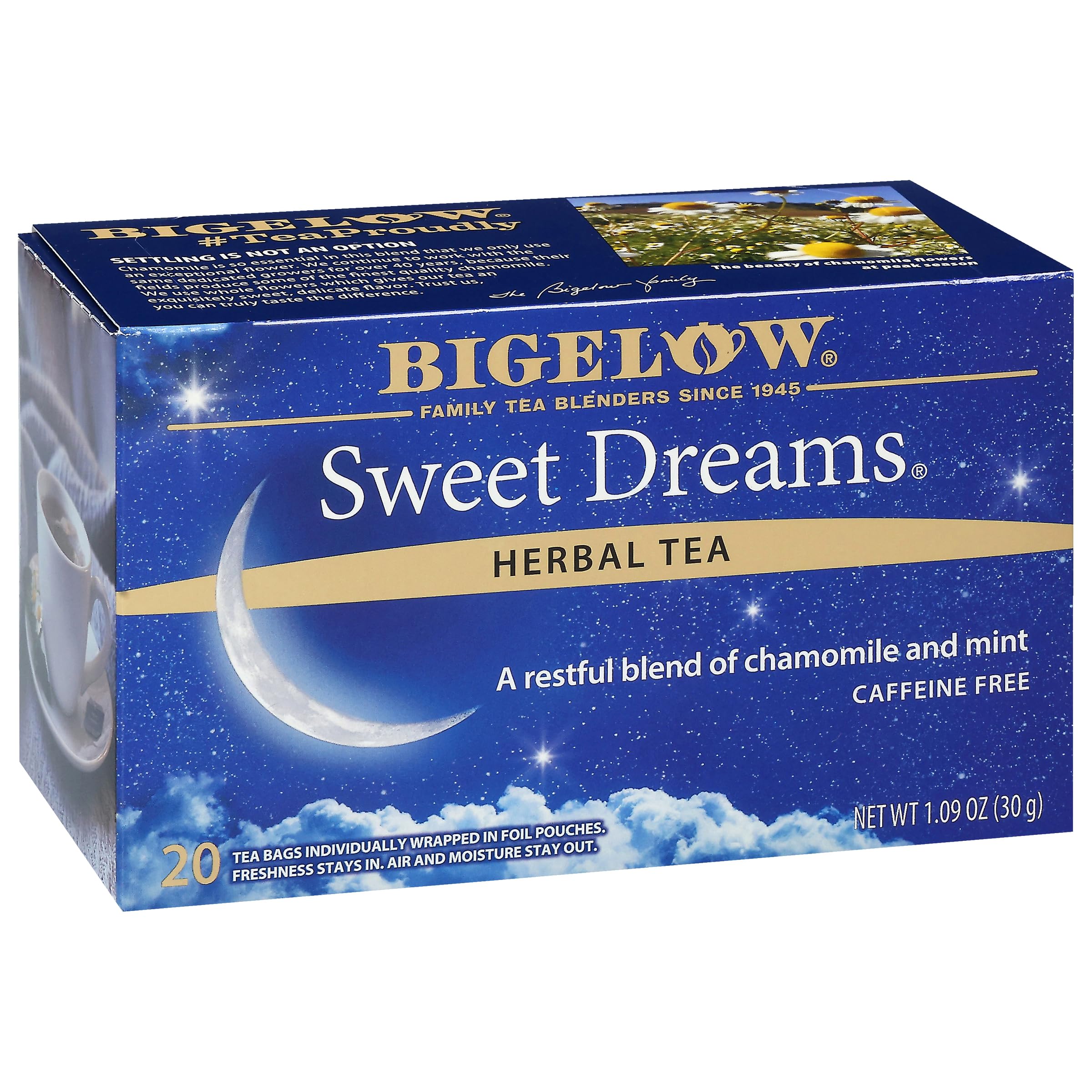 Bigelow Tea Sweet Dreams front box showing packaging and count for easy identification