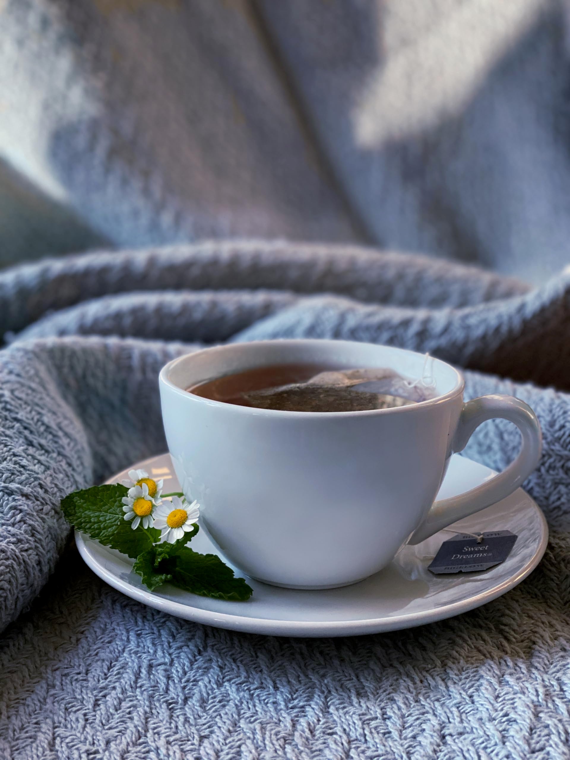 Close-up of Bigelow Tea Sweet Dreams tea bag texture highlighting real chamomile and mint