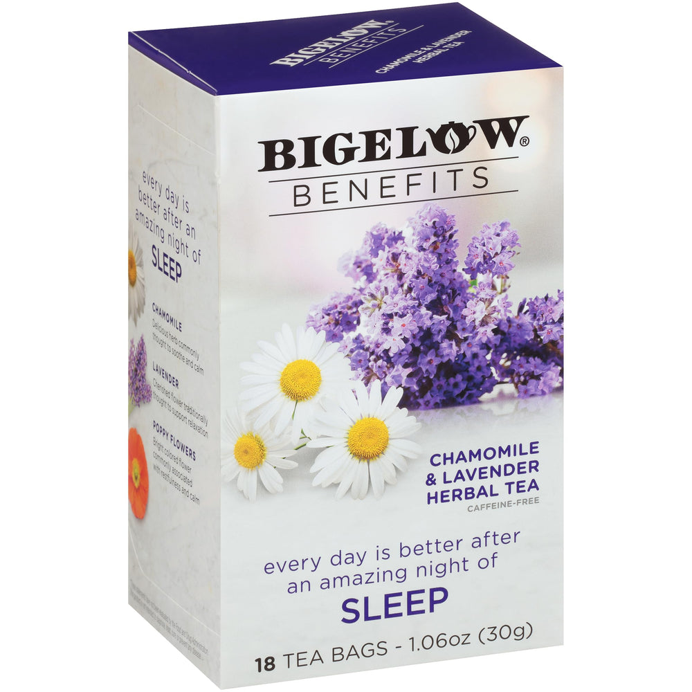 Bigelow Tea box front showing sleep chamomile lavender for calming evenings