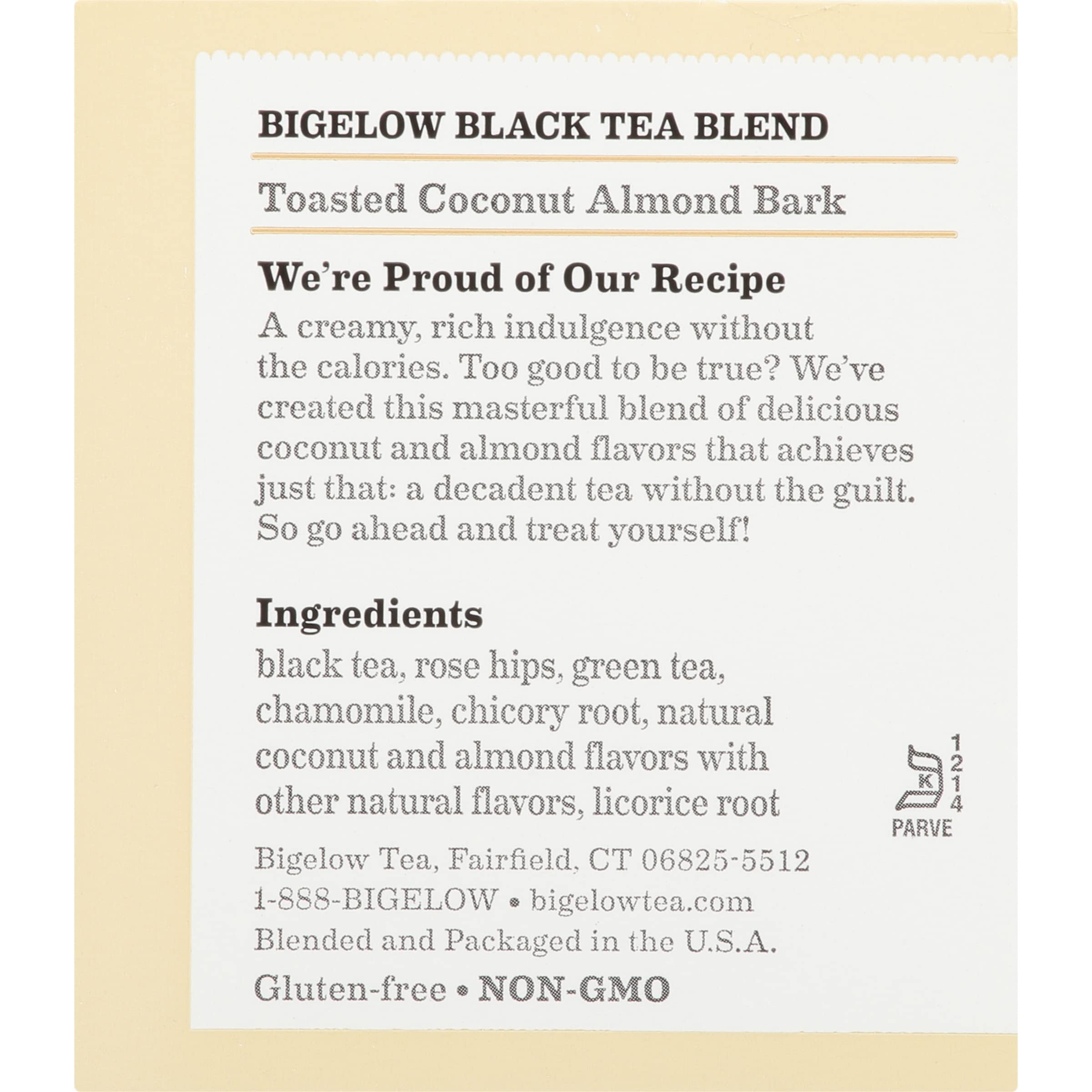 Bigelow brewed cup in a kitchen setting, suggests comforting almond-coconut flavor