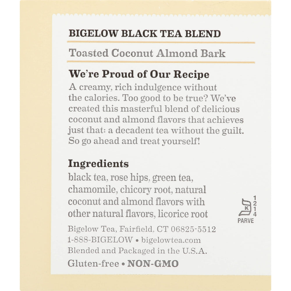 Bigelow brewed cup in a kitchen setting, suggests comforting almond-coconut flavor