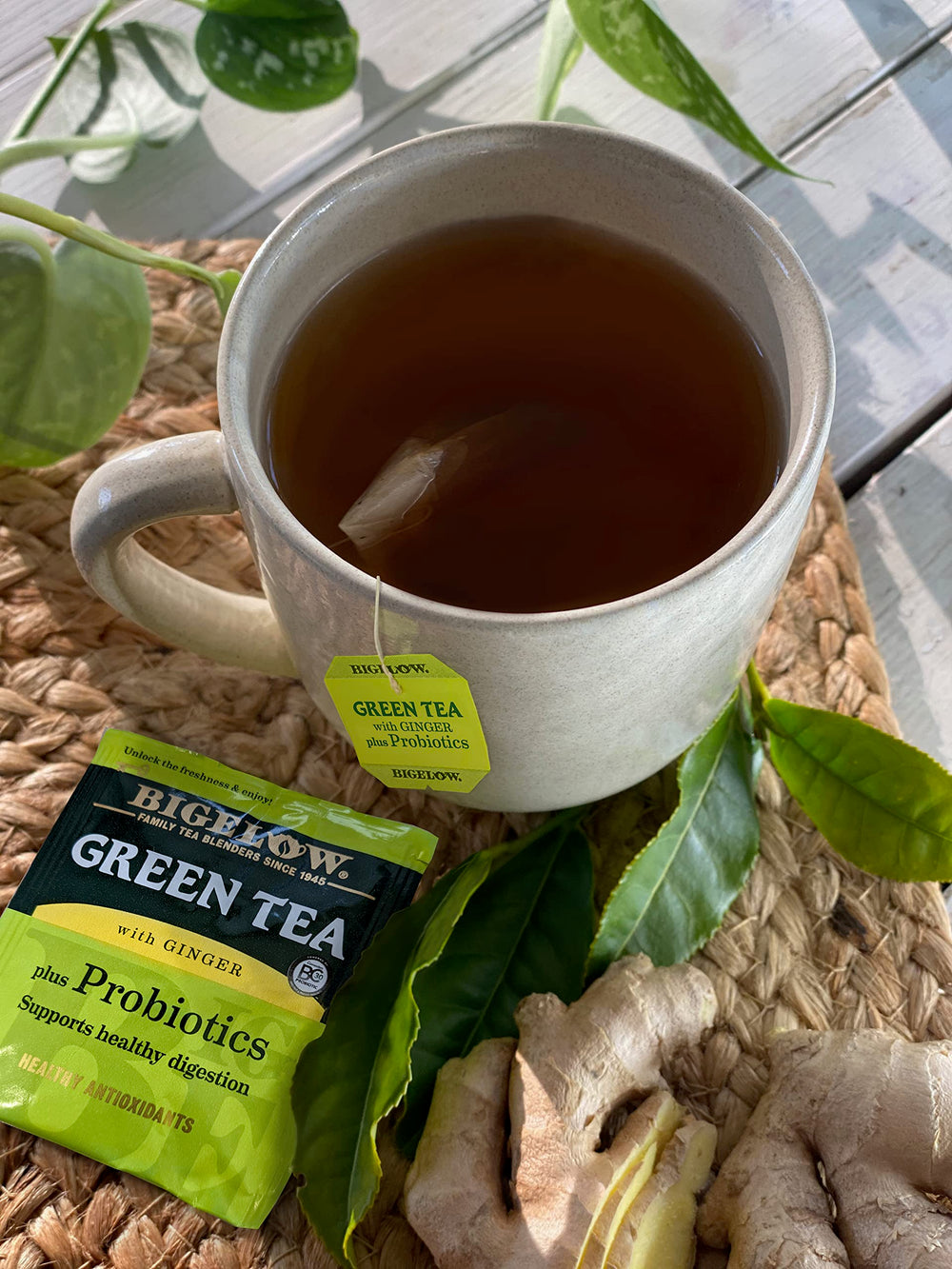 Bigelow Tea single foil-wrapped tea bag highlighting freshness and portability