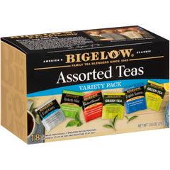 Bigelow Tea front packaging showing six flavor assortment and benefit of variety