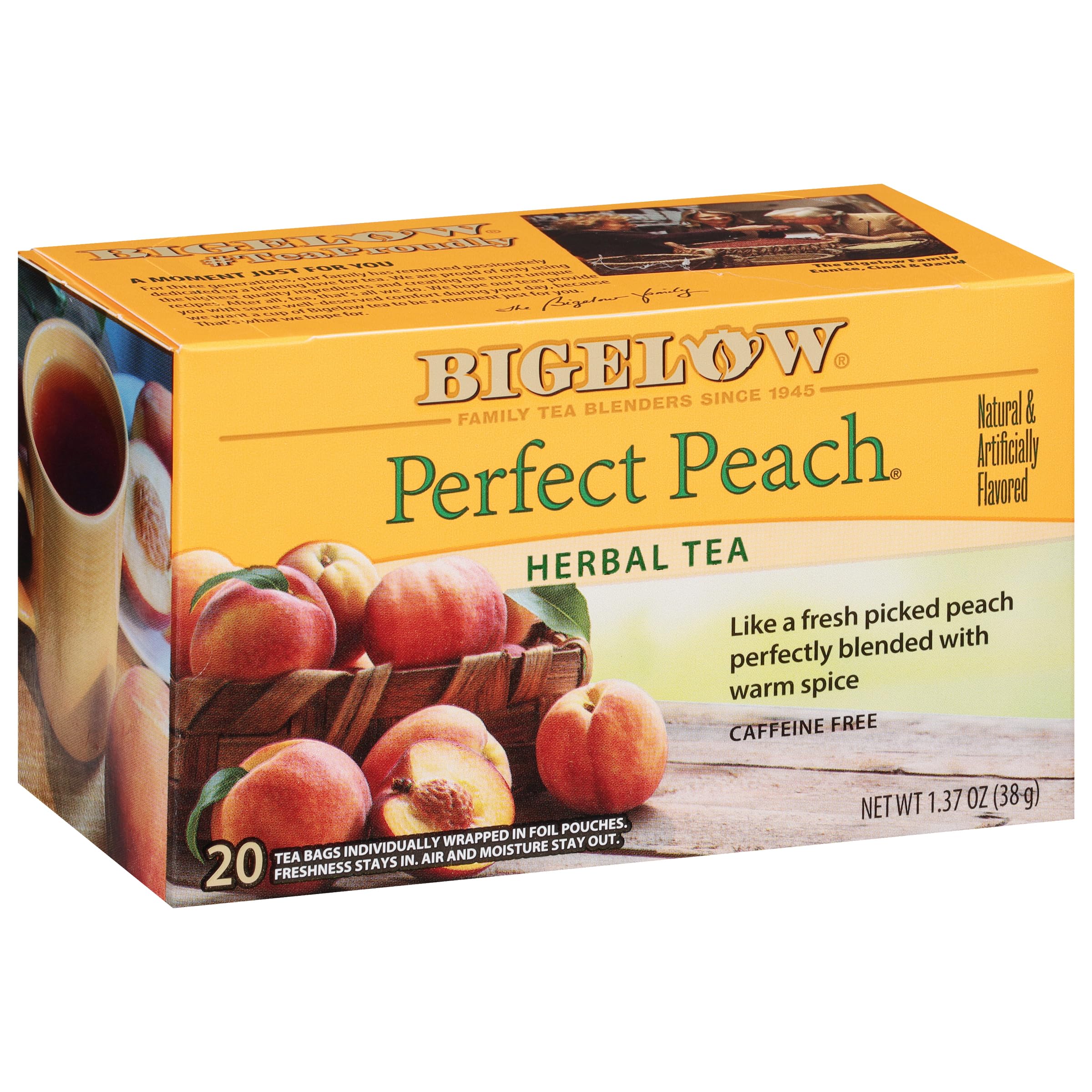 Bigelow Tea Perfect Peach front packaging showing product and benefits