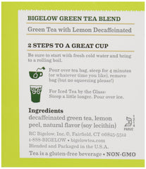 Bigelow Tea close-up of decaf lemon green tea bag showing tag and texture