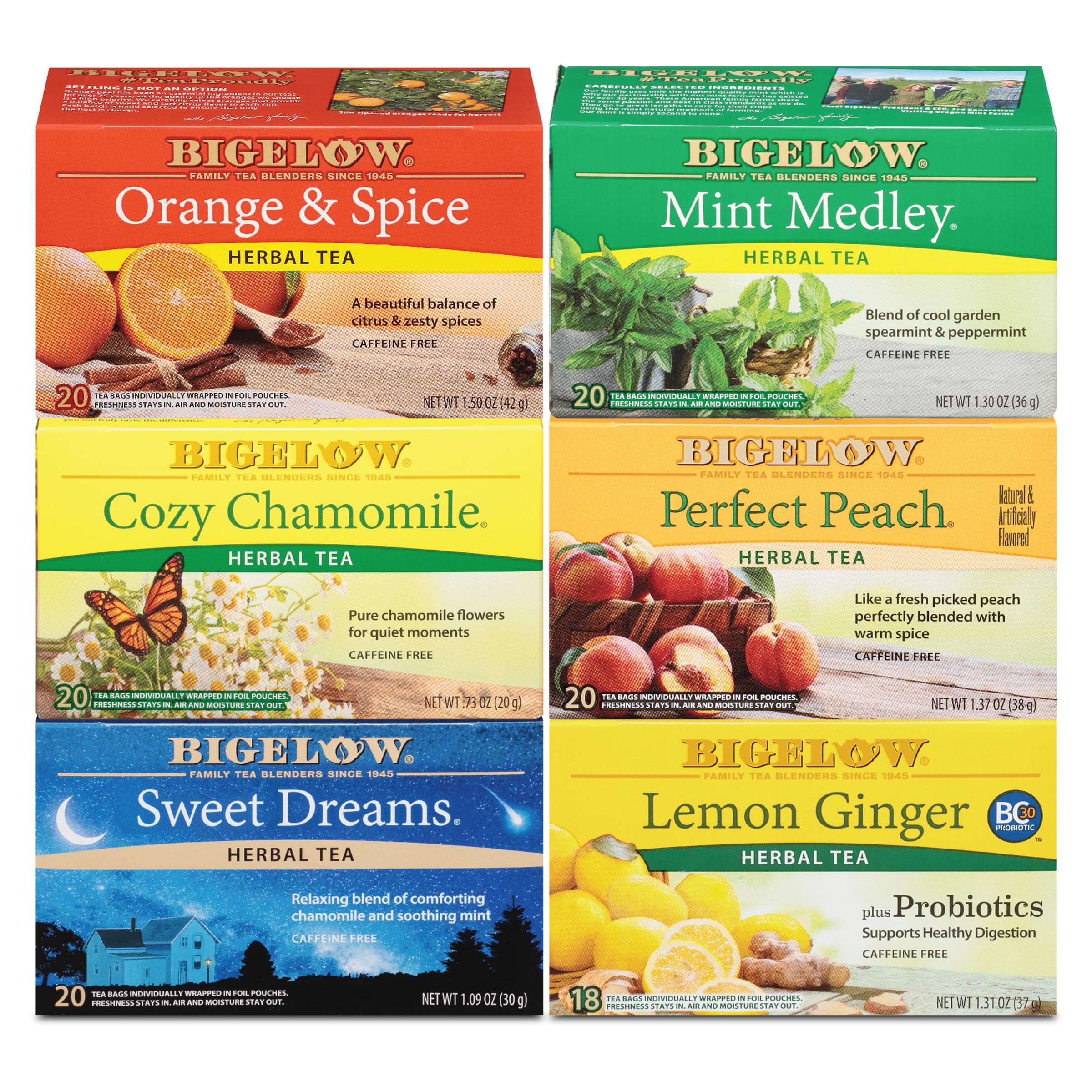 Bigelow Tea variety pack front packaging showing contents and convenience