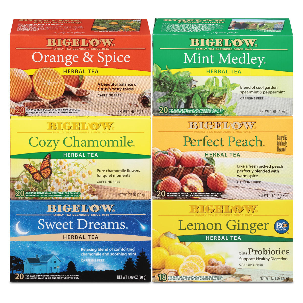 Bigelow Tea variety pack front packaging showing contents and convenience