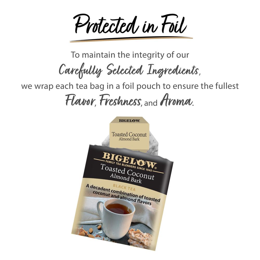 Bigelow cup of hot tea in mug highlighting warm coconut almond aroma