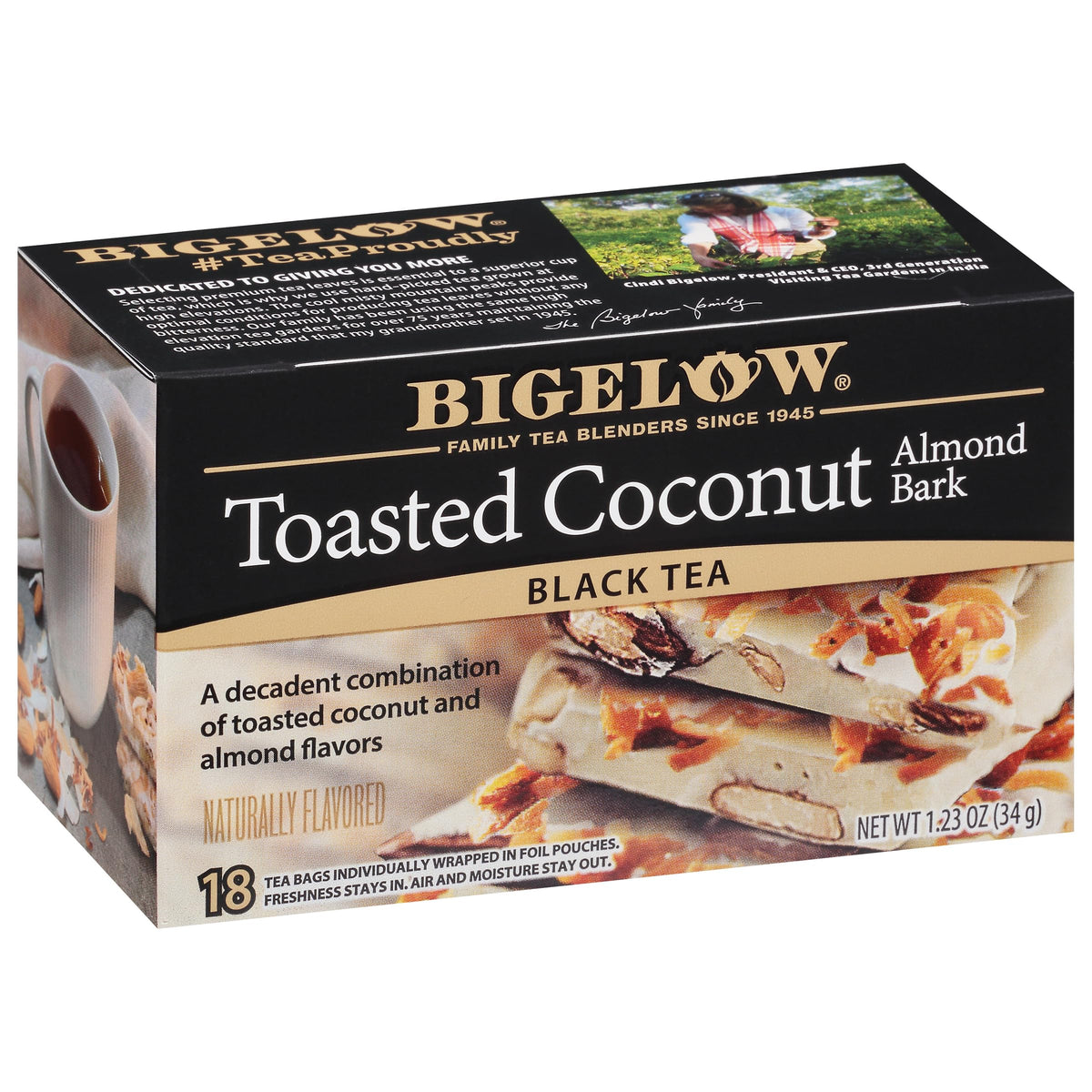 Bigelow toasted coconut almond bark front box showing branding and flavor benefits