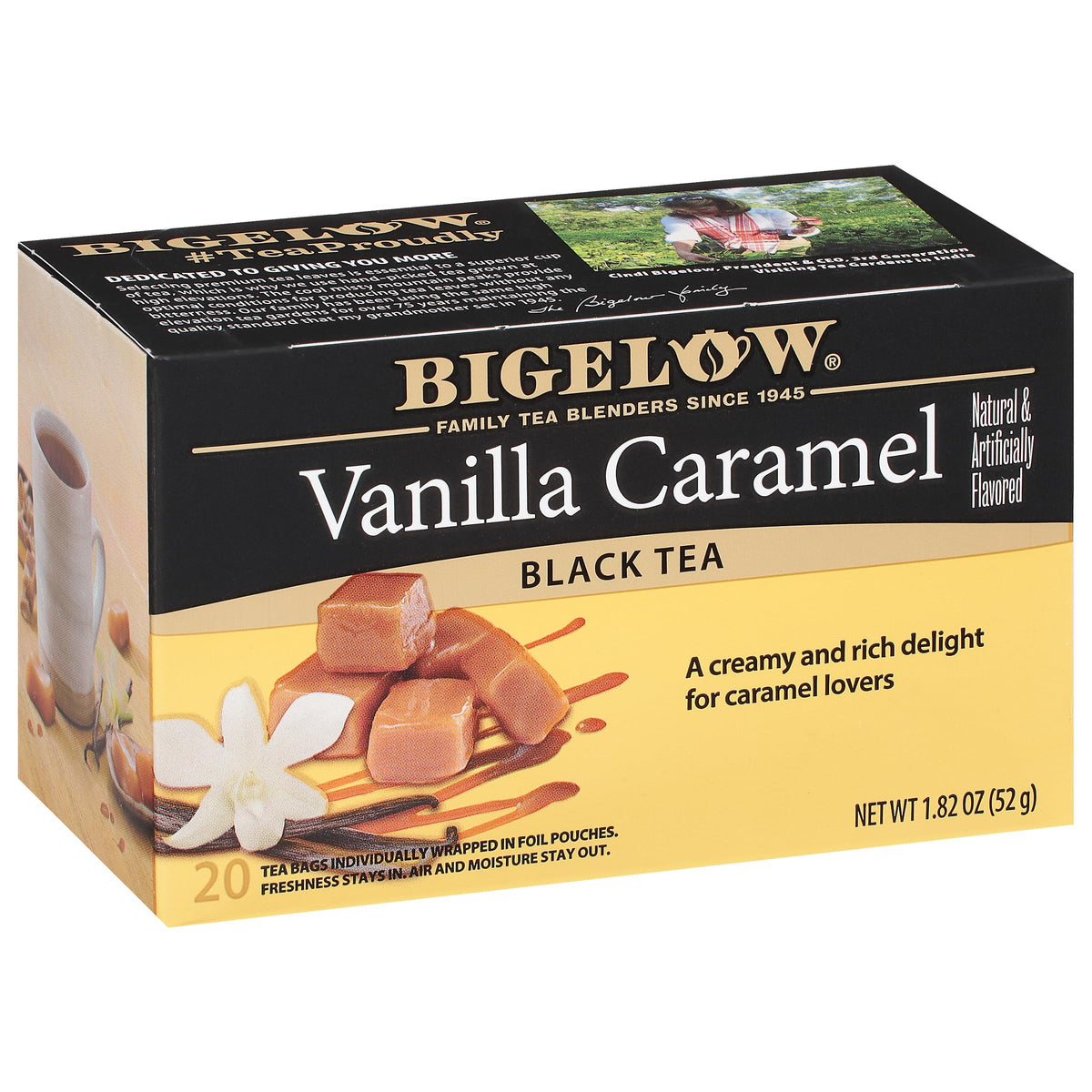 Bigelow front box showing vanilla caramel flavor and convenient pack