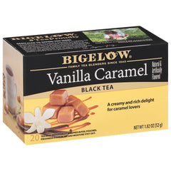Bigelow front box showing vanilla caramel flavor and convenient pack