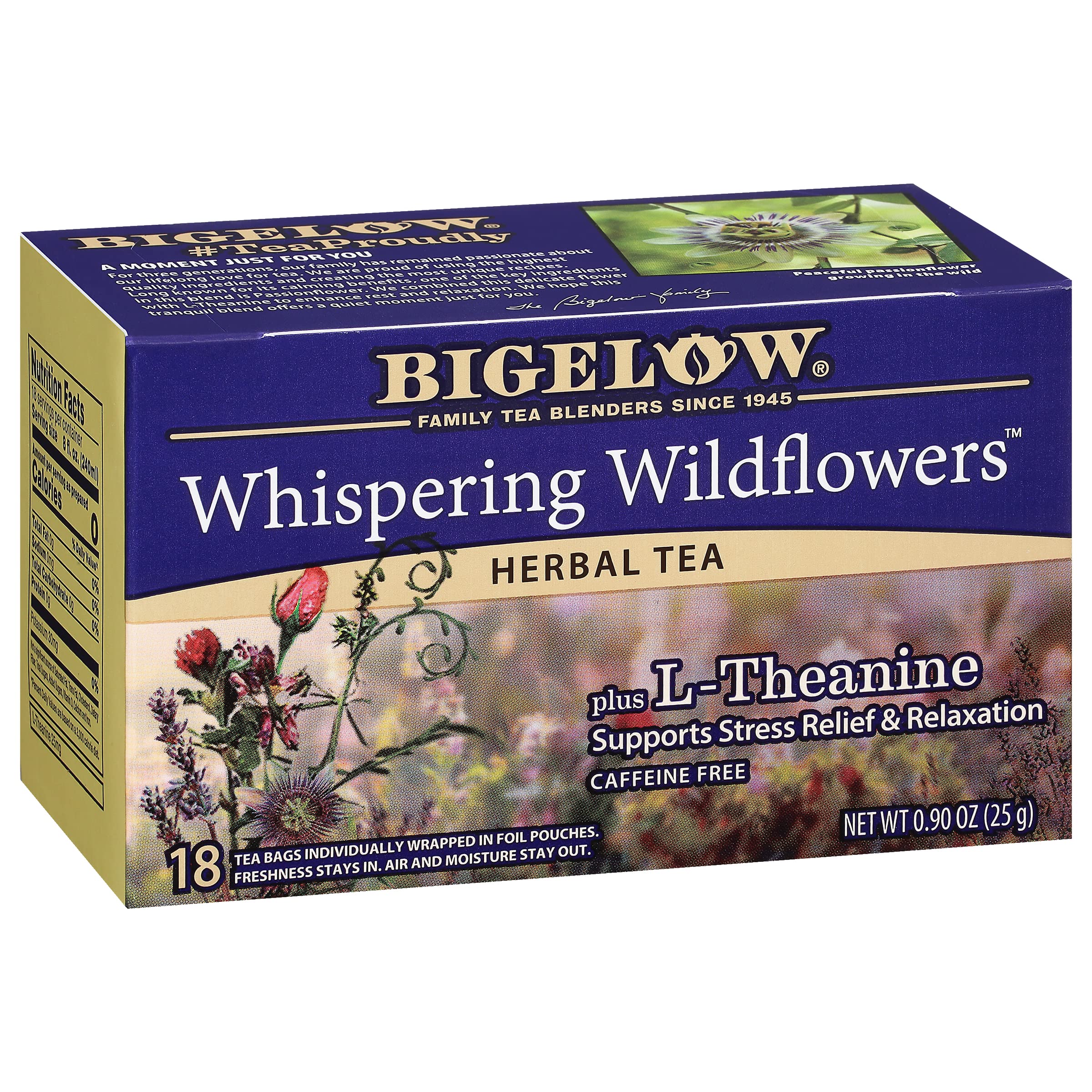 Bigelow tea front packaging showing Whispering Wildflowers and benefits