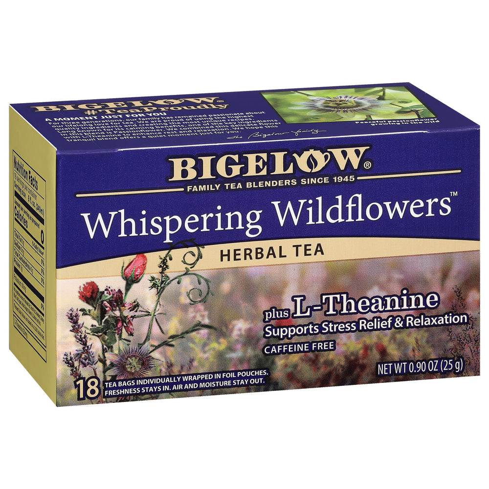 Bigelow tea front packaging showing Whispering Wildflowers and benefits