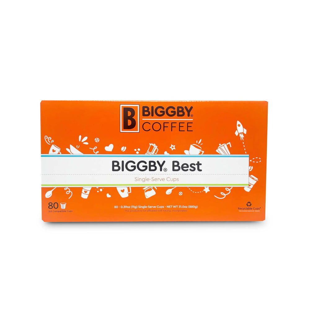 BIGGBY front packaging 80-count box showing medium roast benefits