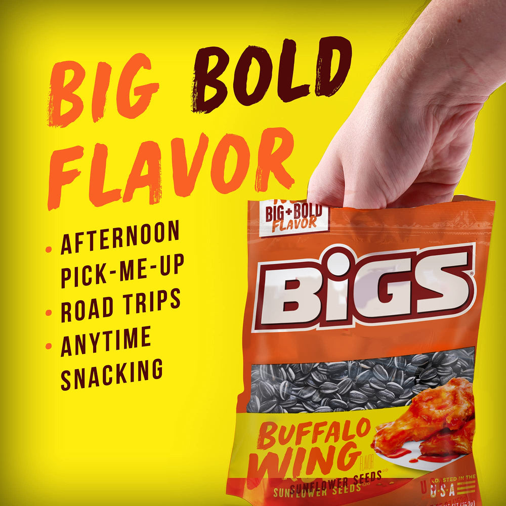 BIGS buffalo wing seeds in hand portion demonstrating bag size benefit: convenient single-serve portion