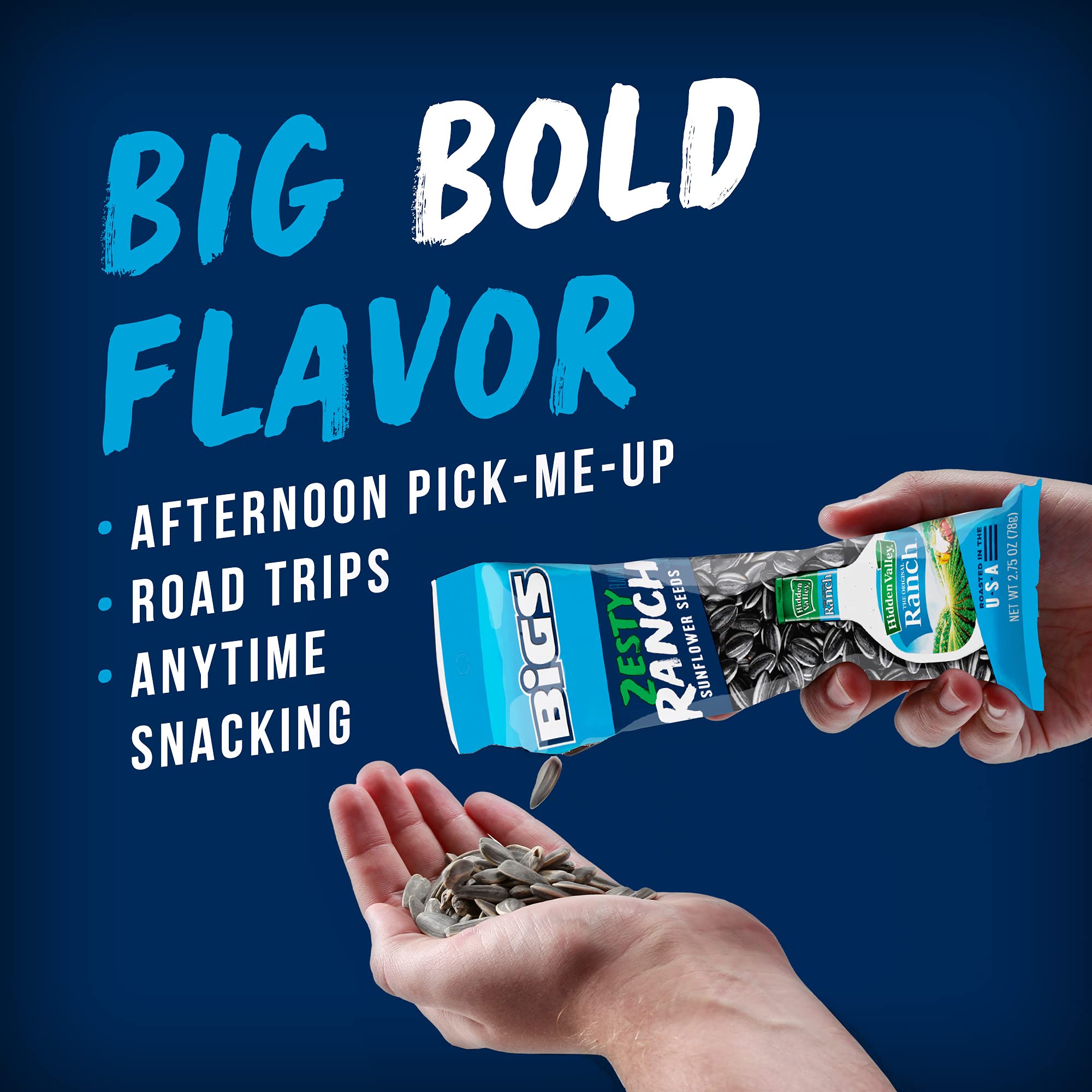 BIGS hand holding a 2.75 oz pouch showing portable single-serve convenience