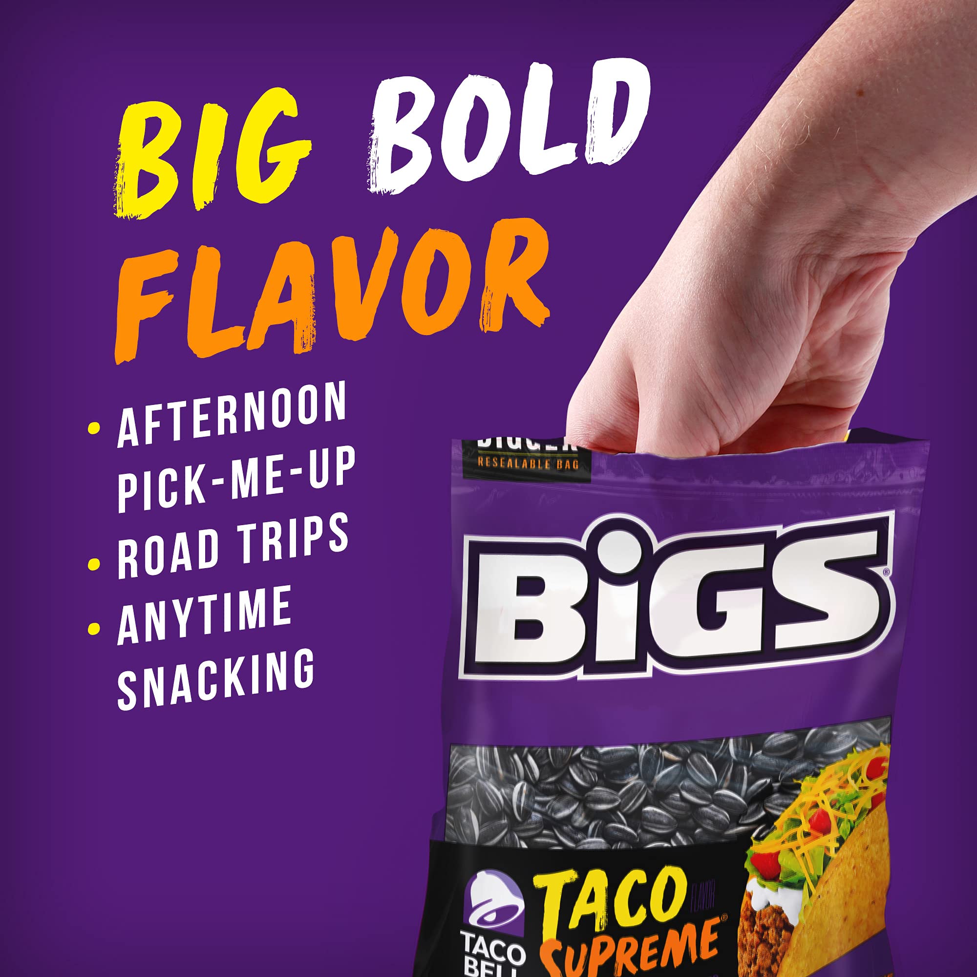 BIGS bag held in hand illustrating portable snack convenience and portion control