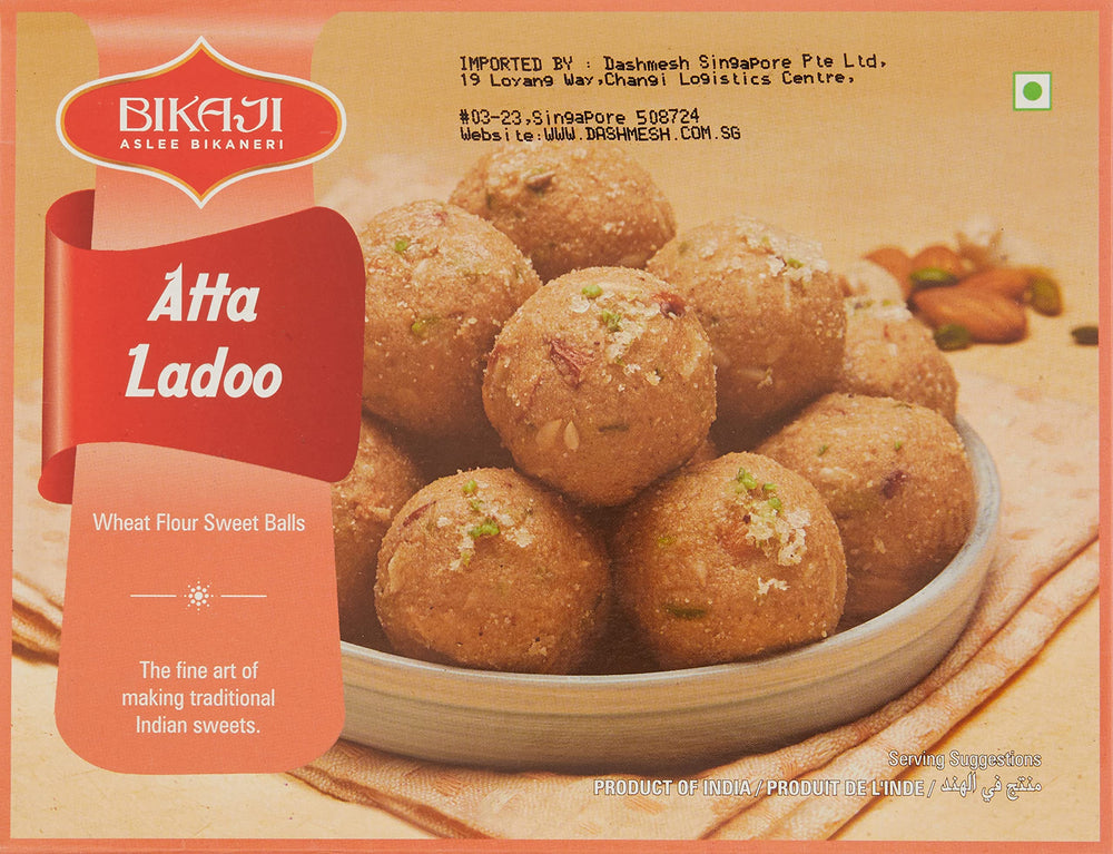 BIKAJI front packaging of Navratan Atta Ladoo showing weight and sealed freshness