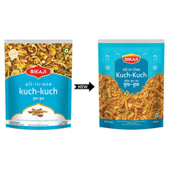 BIKAJI open pouch revealing mixed farsan for convenient ready-to-eat benefit