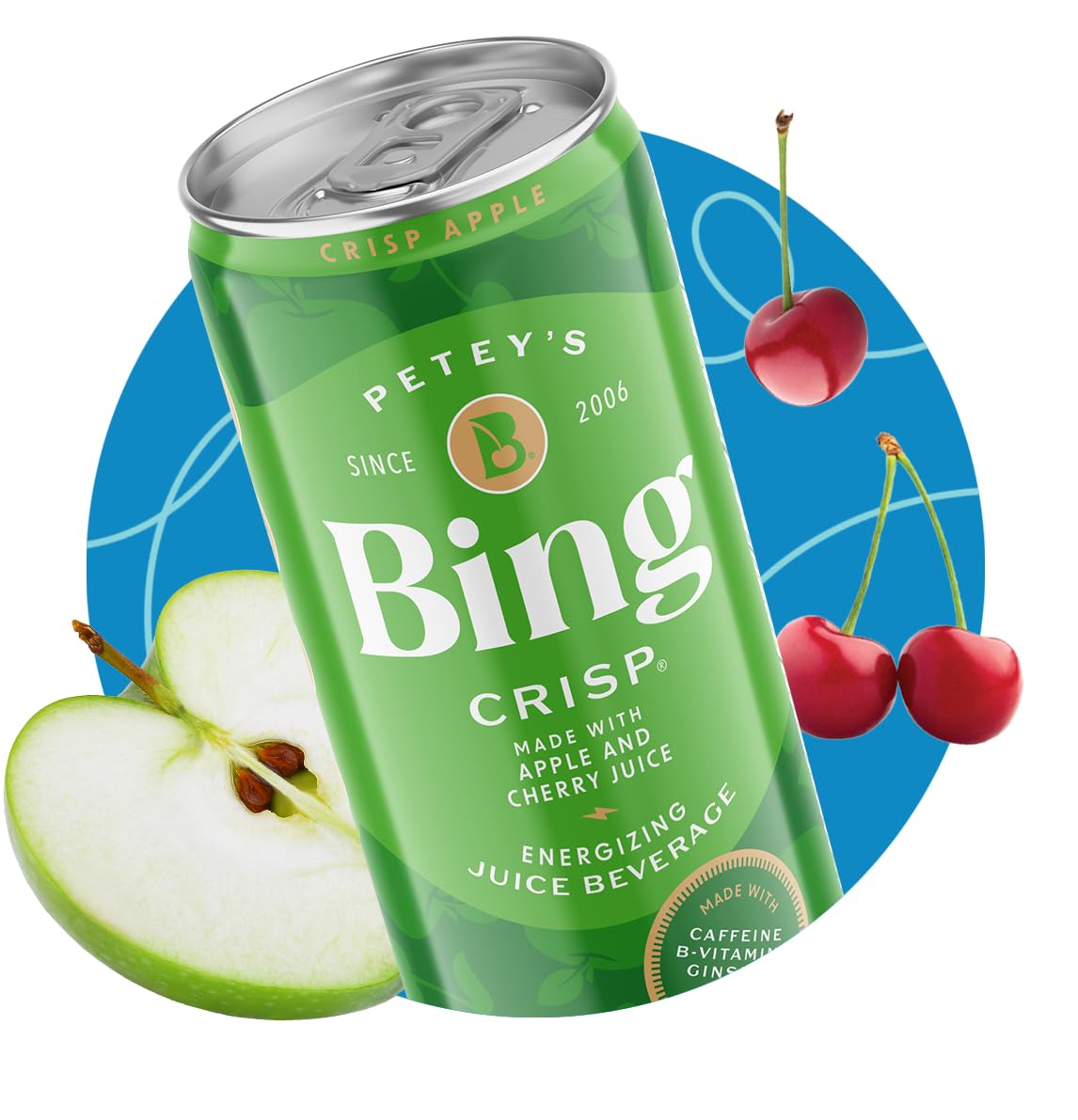Bing close-up of can label showing ingredients and real-juice claim benefits