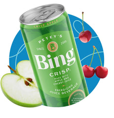 Bing close-up of can label showing ingredients and real-juice claim benefits