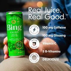 Bing crisp side label with nutrition facts highlighting 100mg caffeine and vitamins
