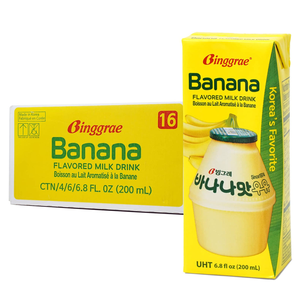 Binggrae banana milk front packaging showing single 6.8 fl oz carton and branding