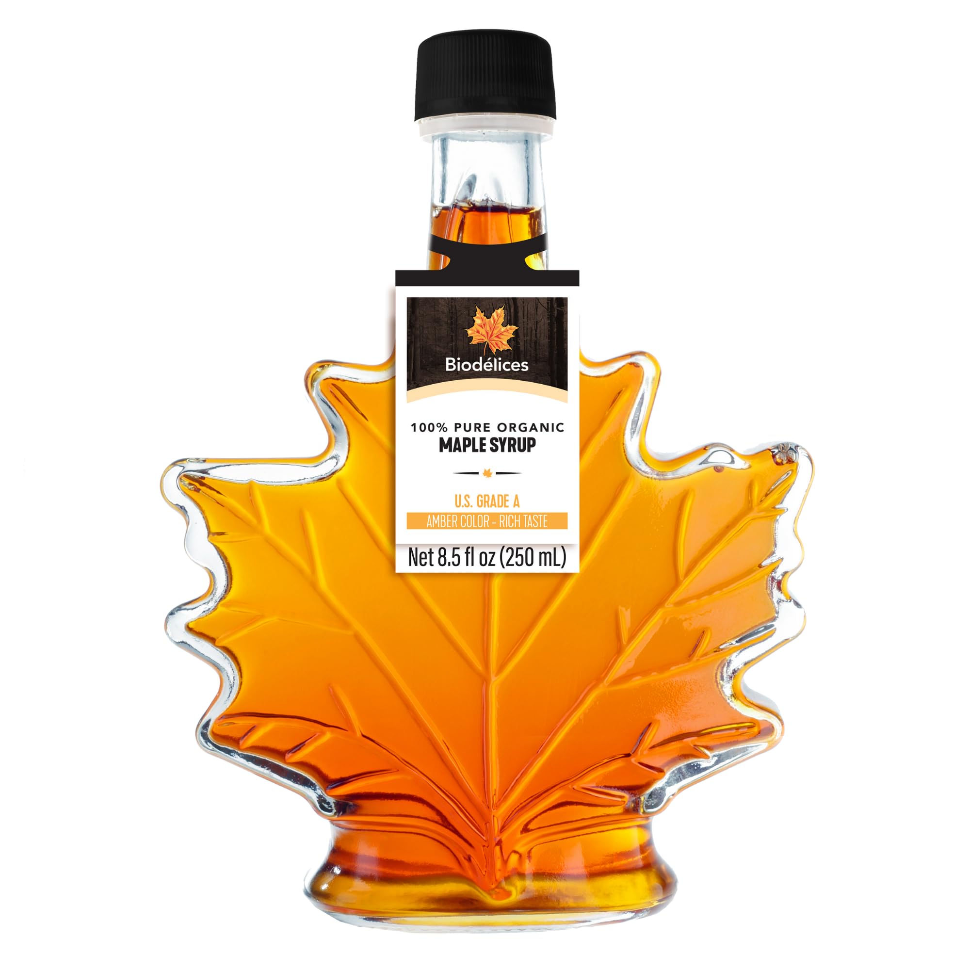 Biodélices maple-leaf bottle front showcasing elegant packaging and premium appeal
