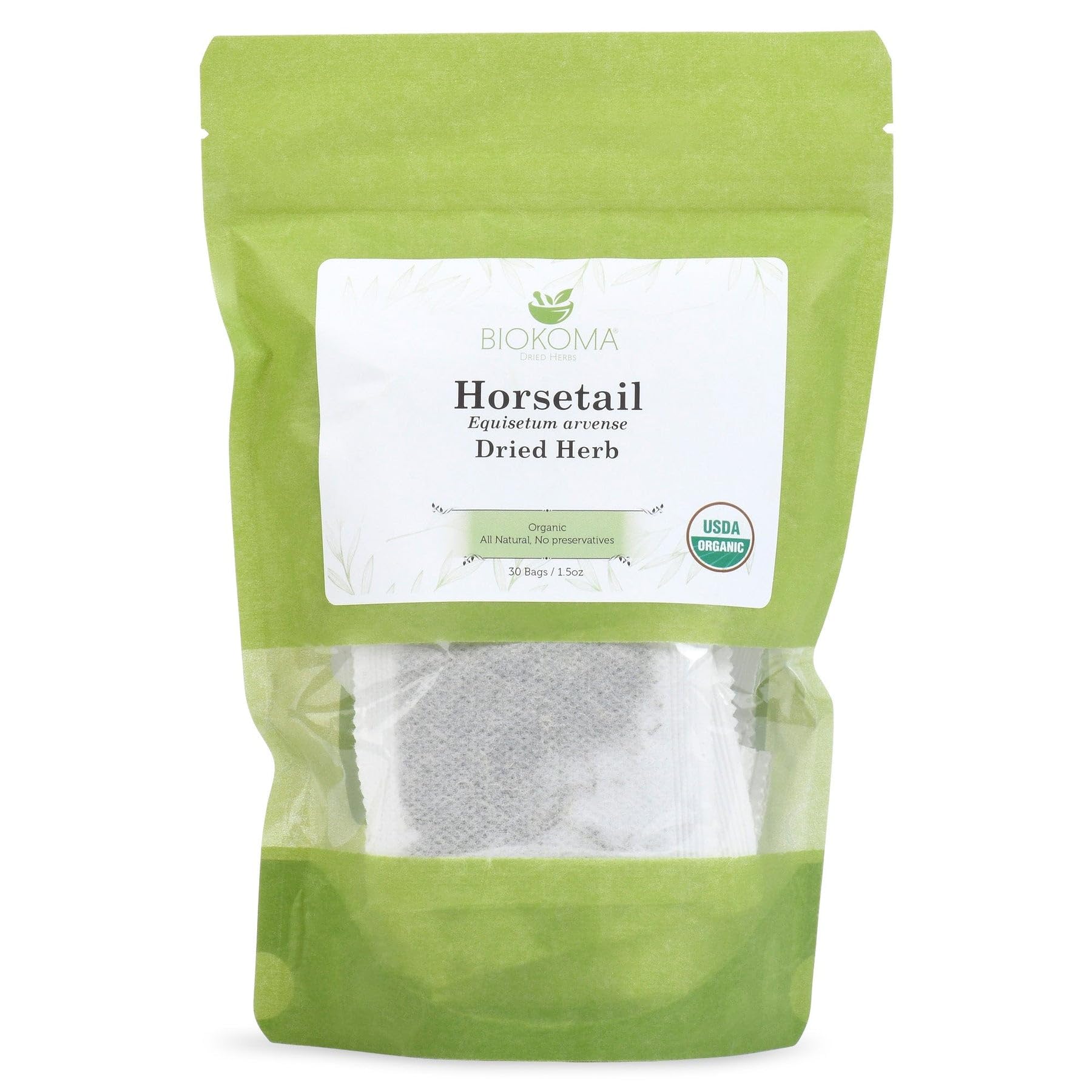 Biokoma front packaging showing 30 organic horsetail tea bags and resealable pouch benefit freshness