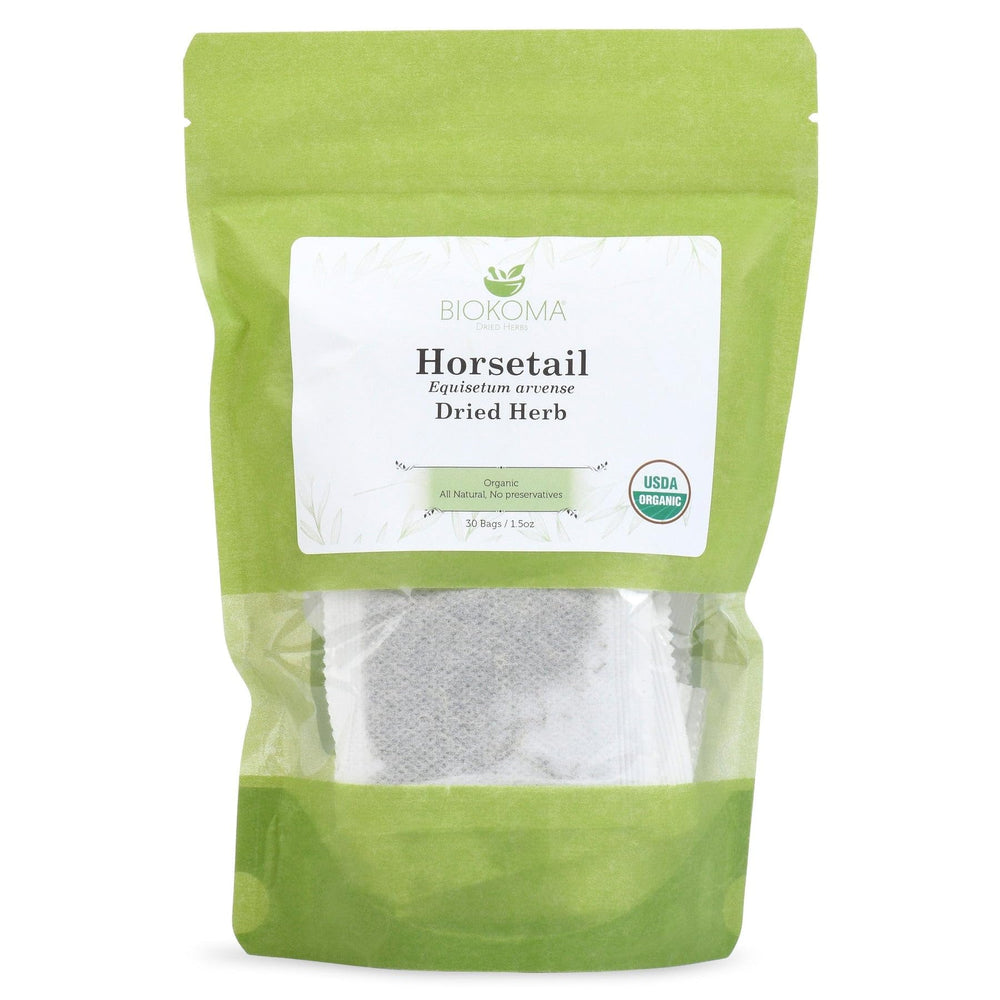 Biokoma front packaging showing 30 organic horsetail tea bags and resealable pouch benefit freshness