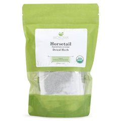 Biokoma front packaging showing 30 organic horsetail tea bags and resealable pouch benefit freshness