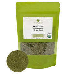 Biokoma front pouch showing organic horsetail, highlights freshness benefit