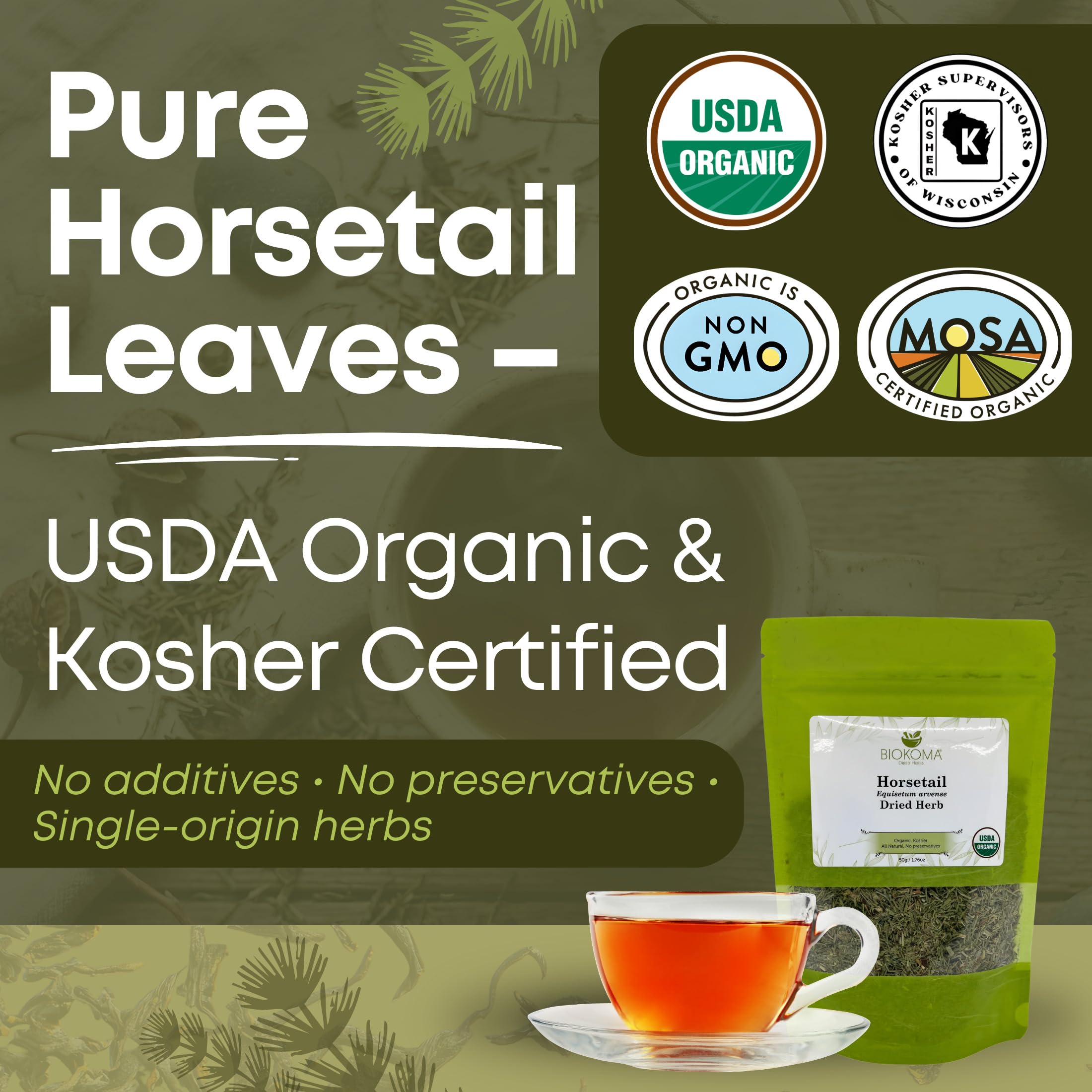 Biokoma product label with USDA organic and kosher marks, ensures trusted quality