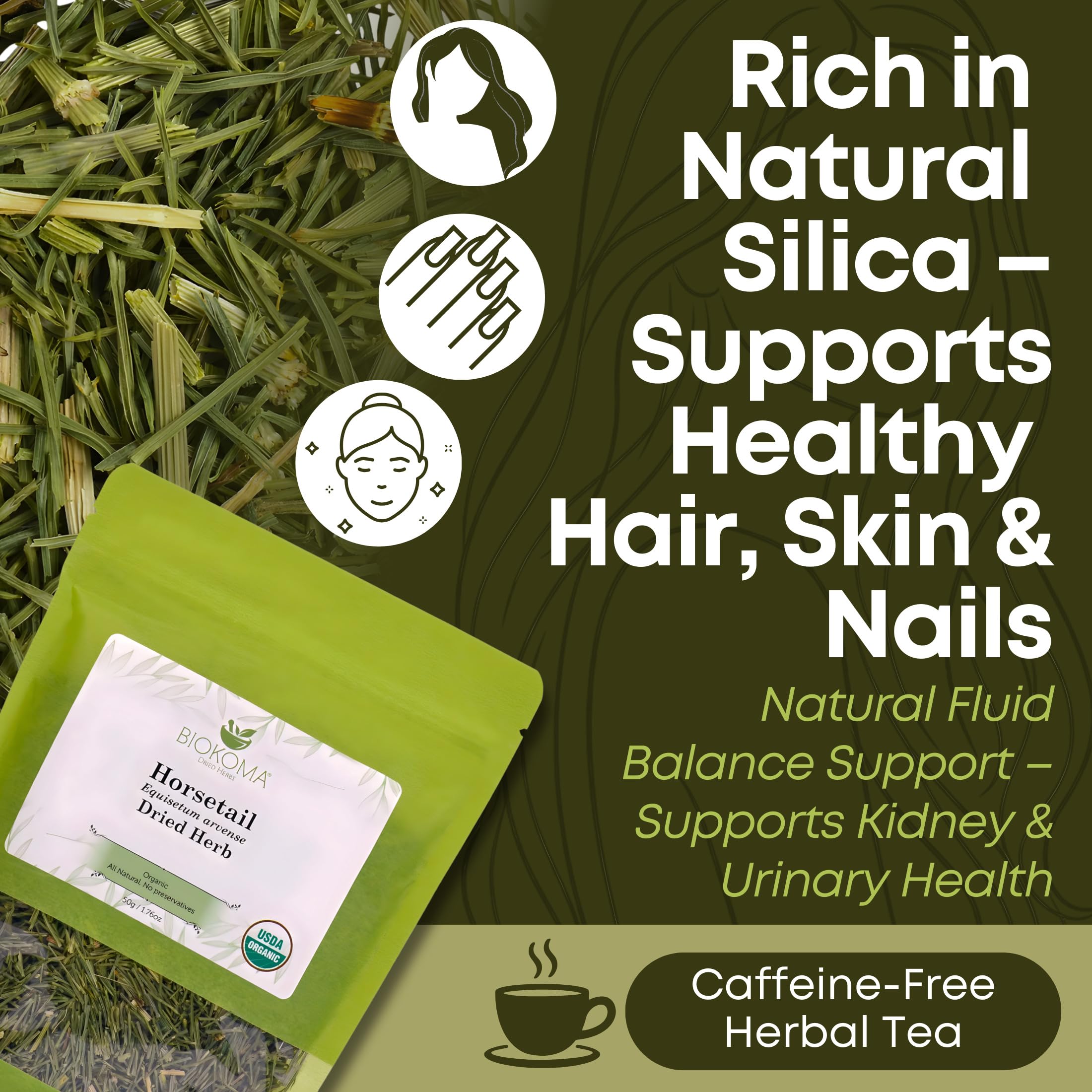 Biokoma brewed horsetail tea in a cup, demonstrates calming caffeine-free benefit