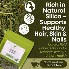 Biokoma brewed horsetail tea in a cup, demonstrates calming caffeine-free benefit