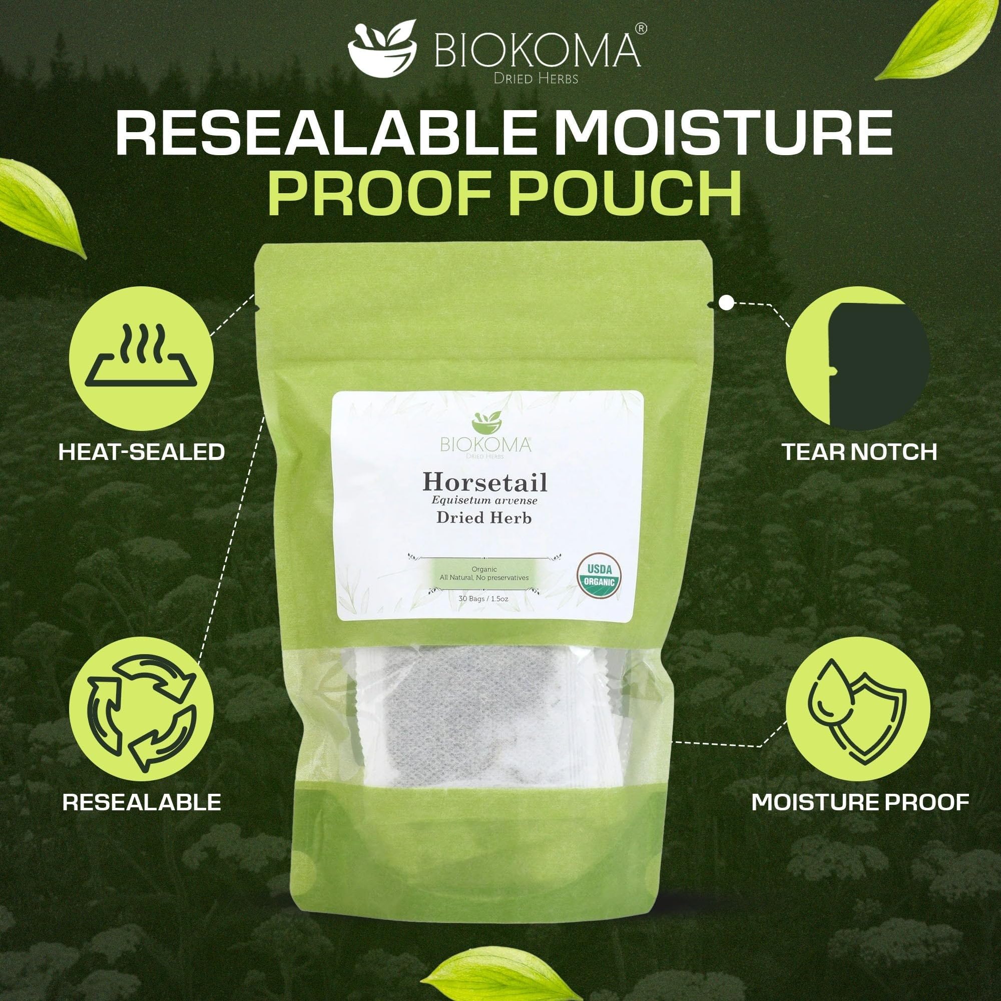 Biokoma dried horsetail leaves texture close-up highlighting organic, additive-free quality
