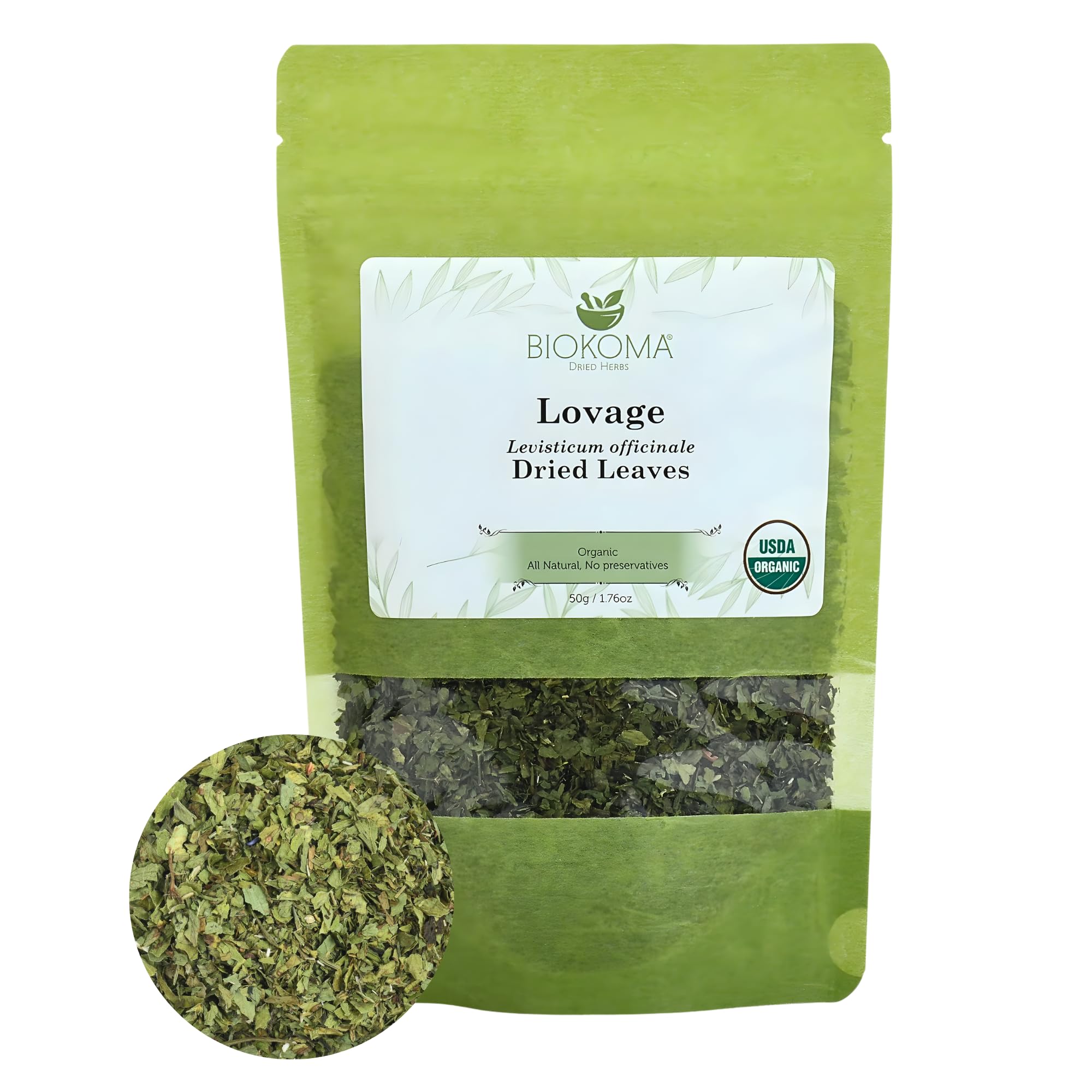 Biokoma front pouch showing organic lovage packaging and freshness benefit