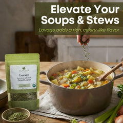 Biokoma brewed lovage tea in cup showing soothing savory infusion benefit