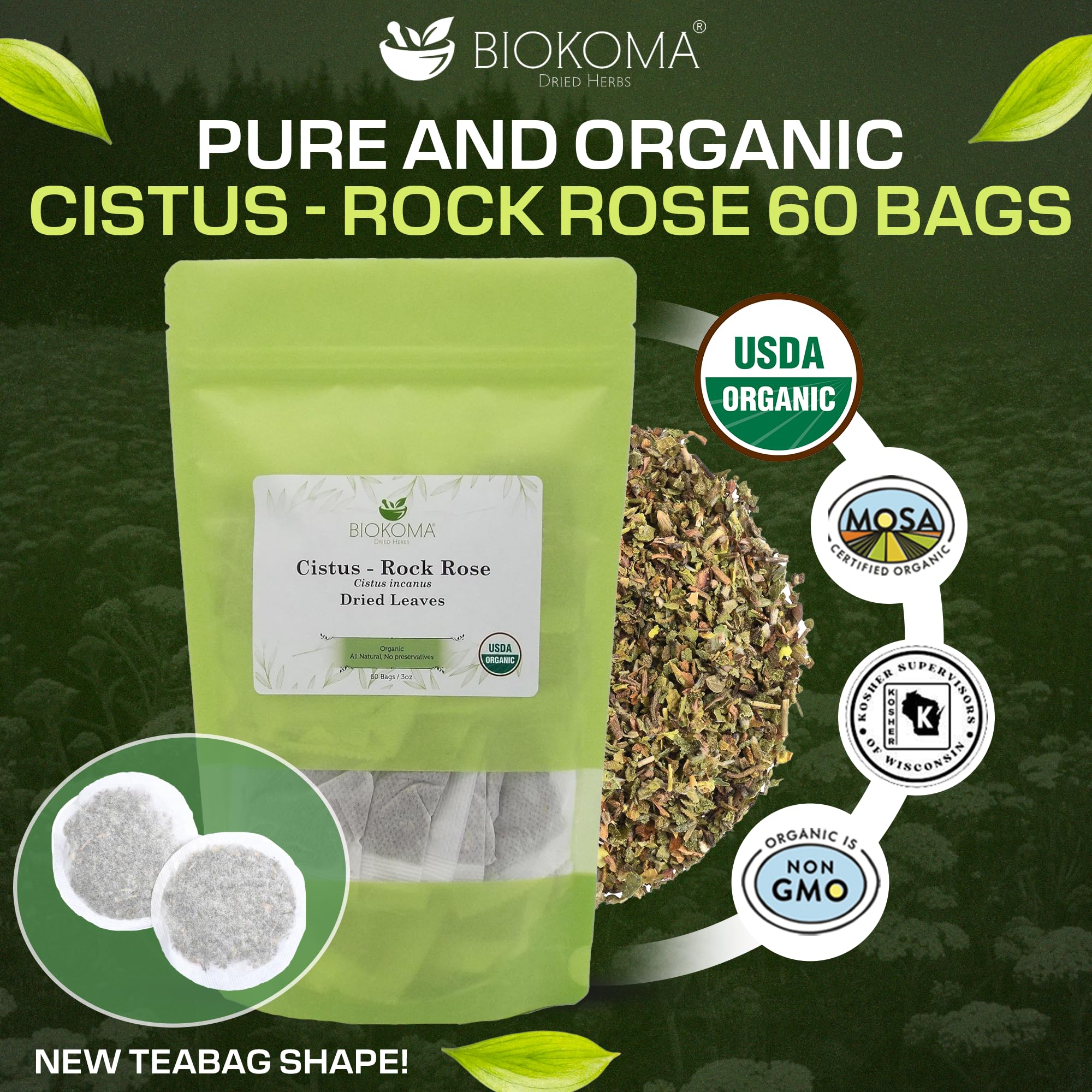 Biokoma tea bag close-up showing dried Cistus incanus leaves and natural texture benefit