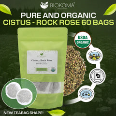 Biokoma tea bag close-up showing dried Cistus incanus leaves and natural texture benefit