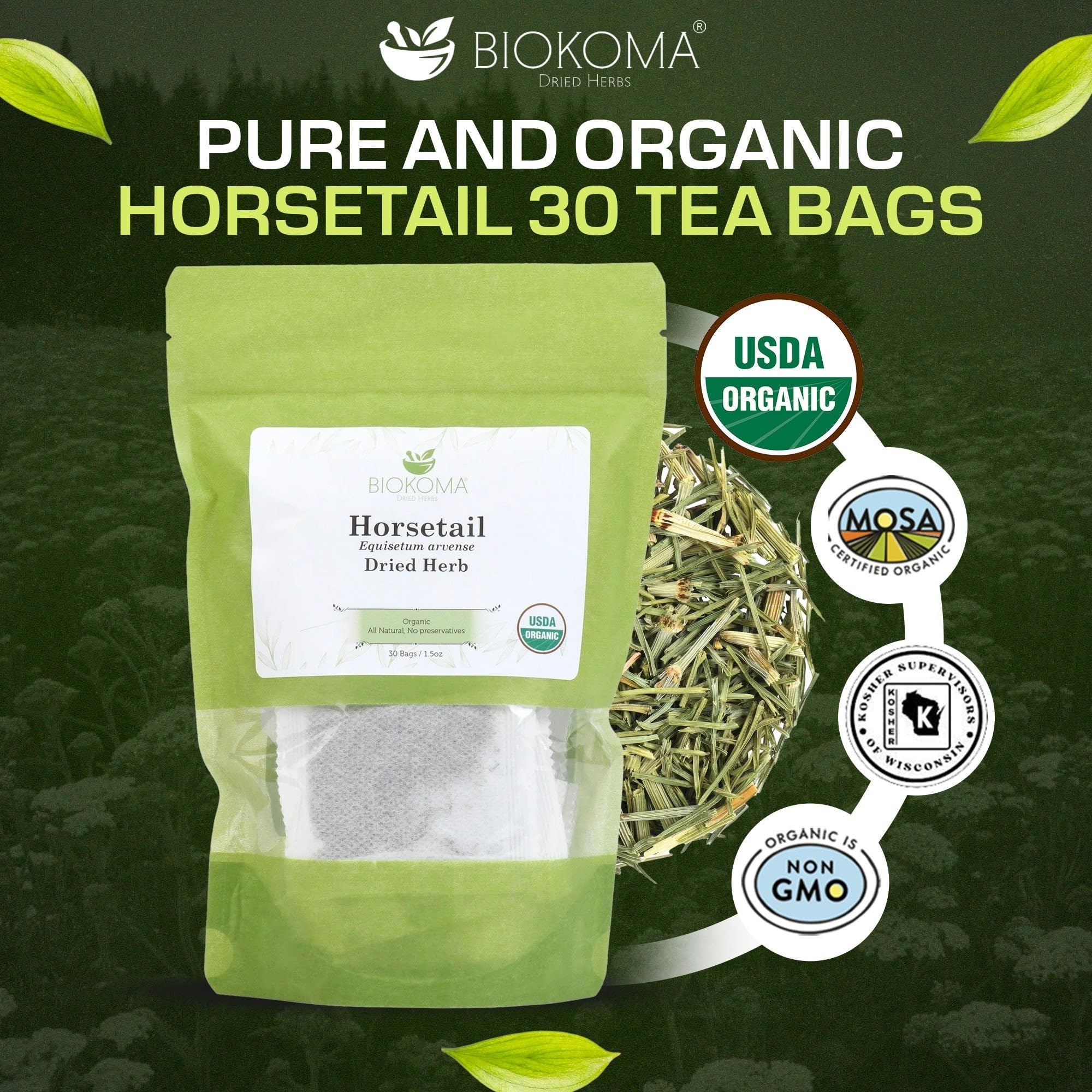 Biokoma tea bag close-up showing Equisetum arvense leaves and easy single-serve brewing