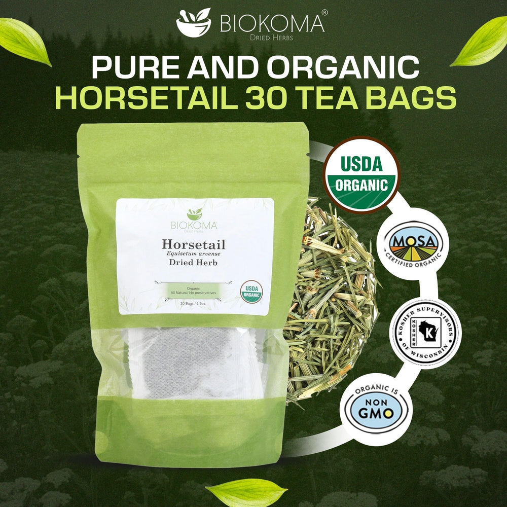 Biokoma tea bag close-up showing Equisetum arvense leaves and easy single-serve brewing