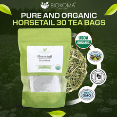 Biokoma tea bag close-up showing Equisetum arvense leaves and easy single-serve brewing